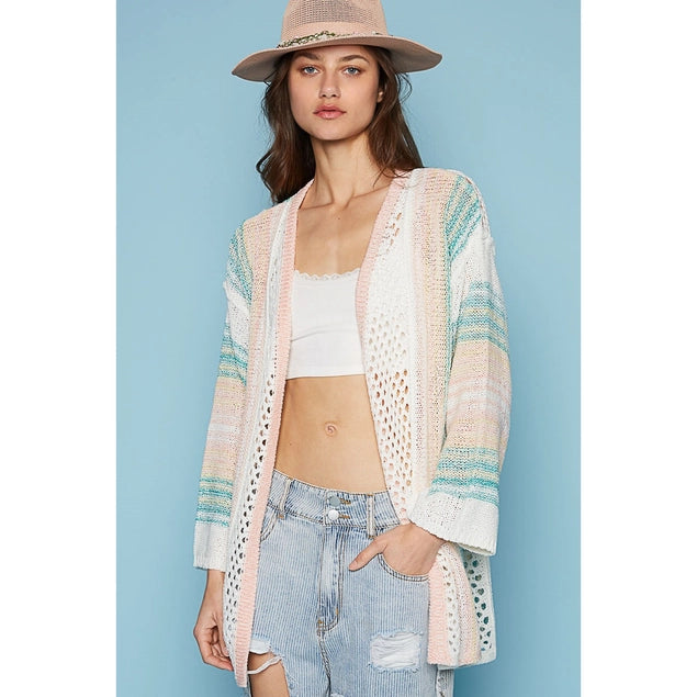 POL Open Front Geometric Print Cardigan with Fringe Detail