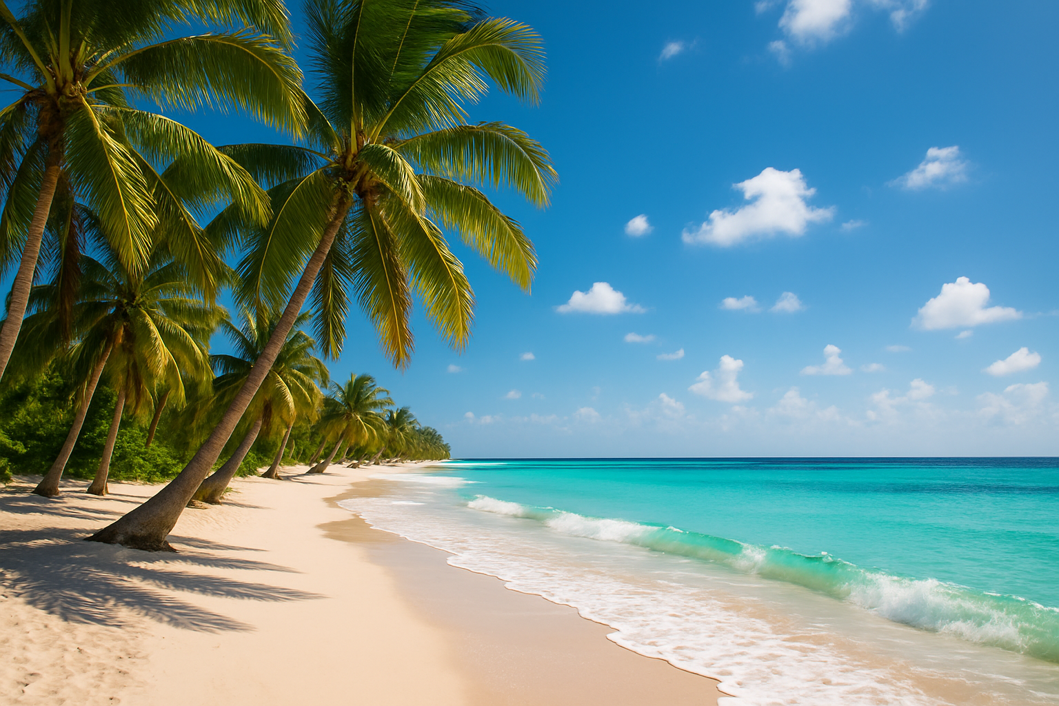Beach with palm trees and clear ocean waters 
