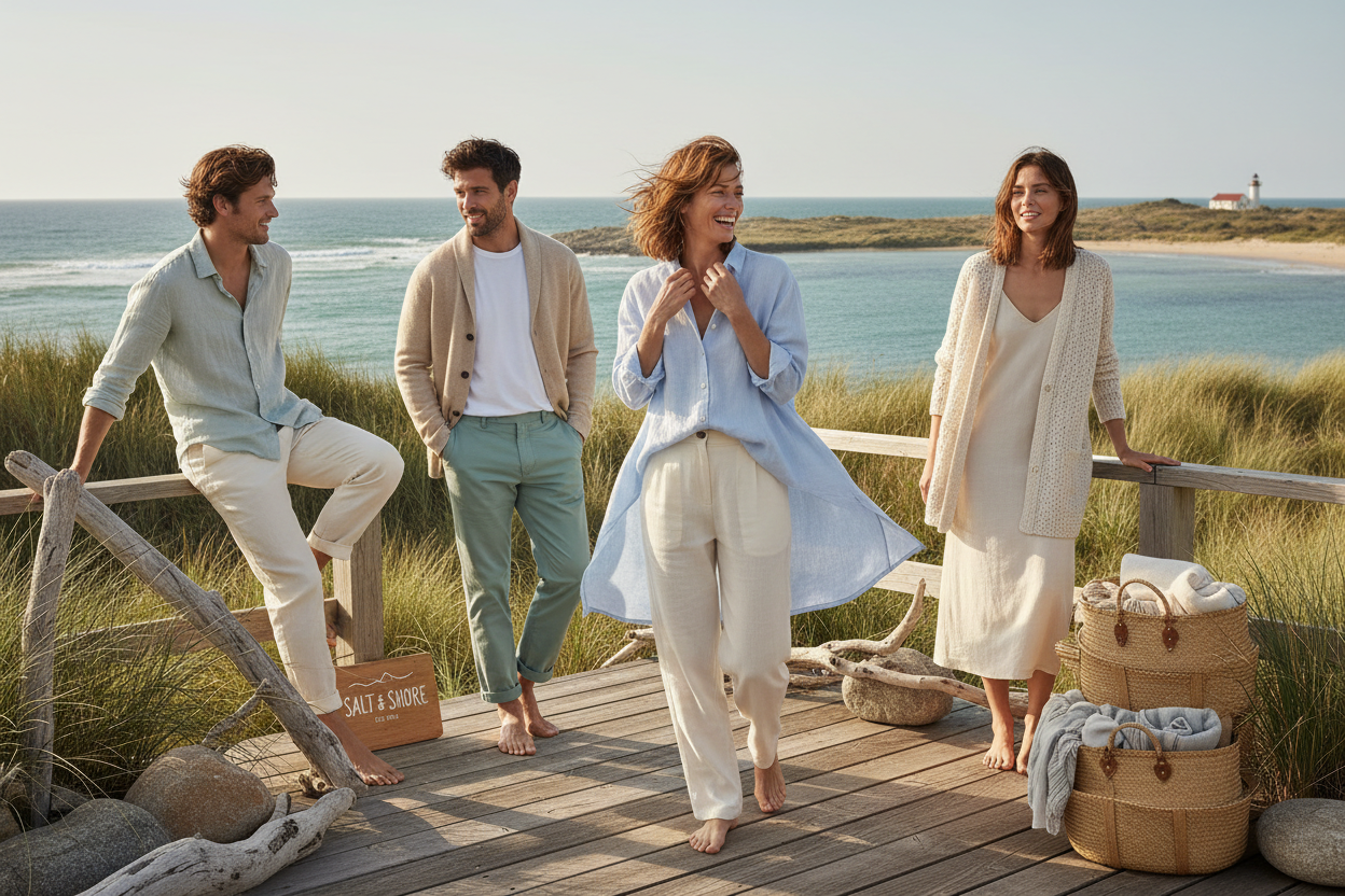 Coastal spring clothing.  New styles are on the way—light layers, easy fits, and a fresh feel for the season ahead.